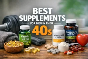 Best supplements for men in their 40s including vitamin D3 K2, magnesium glycinate, omega-3 fish oil, and creatine on a wooden table