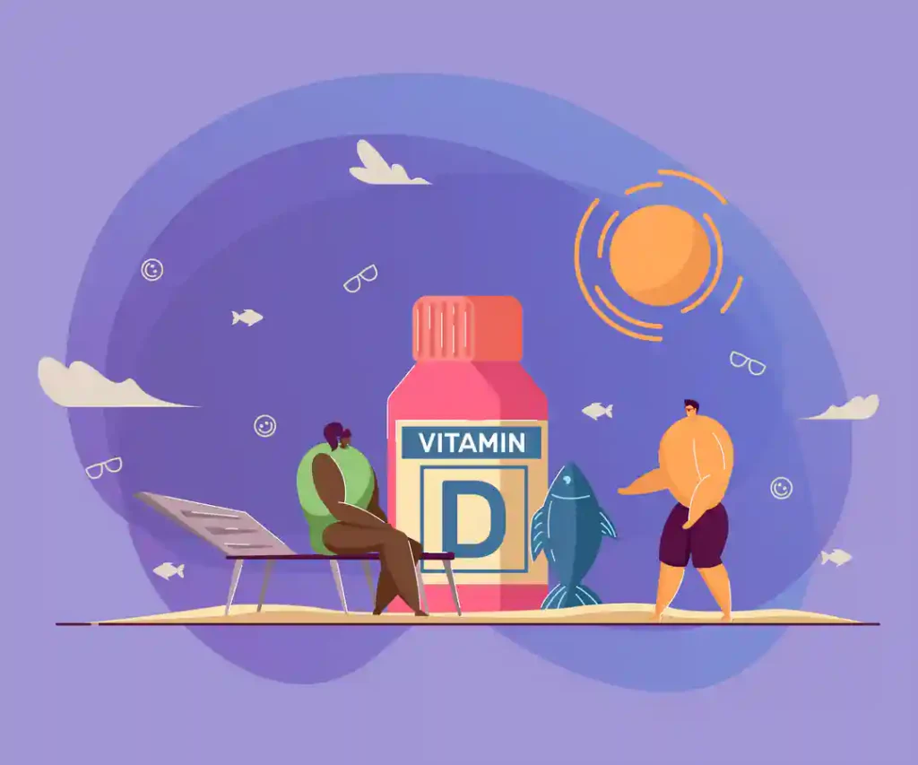 Illustration of Vitamin D supplement bottle with sun exposure theme representing risks of excessive Vitamin D and hypercalcemia
