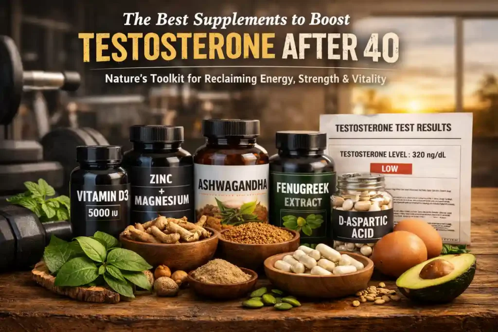 Natural testosterone boosting supplements after 40 including vitamin D3, zinc, magnesium, ashwagandha and fenugreek with fitness background