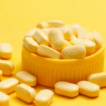 Vitamin B12 tablets in a bowl on a yellow background representing deficiency and supplementation