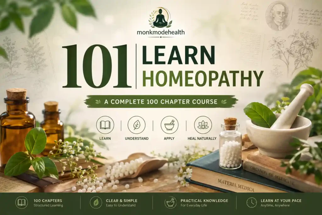 101 Learn Homeopathy online course by MonkModeHealth featuring homeopathic remedies, books, and natural medicine learning resources for beginners.