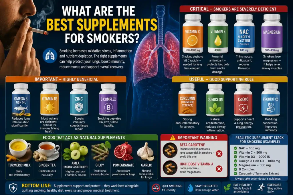 Medical infographic showing the best supplements for smokers, including NAC, Vitamin C, Vitamin E, Omega-3, Vitamin D3, Zinc, Magnesium, B Complex, and natural foods that support lung health.
