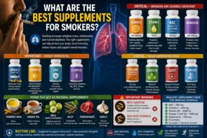 Medical infographic showing the best supplements for smokers, including NAC, Vitamin C, Vitamin E, Omega-3, Vitamin D3, Zinc, Magnesium, B Complex, and natural foods that support lung health.