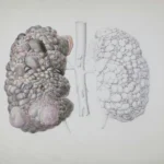 Medical illustration showing damaged lung alveoli caused by smoking and COPD, highlighting irreversible air sac destruction and reduced lung function.