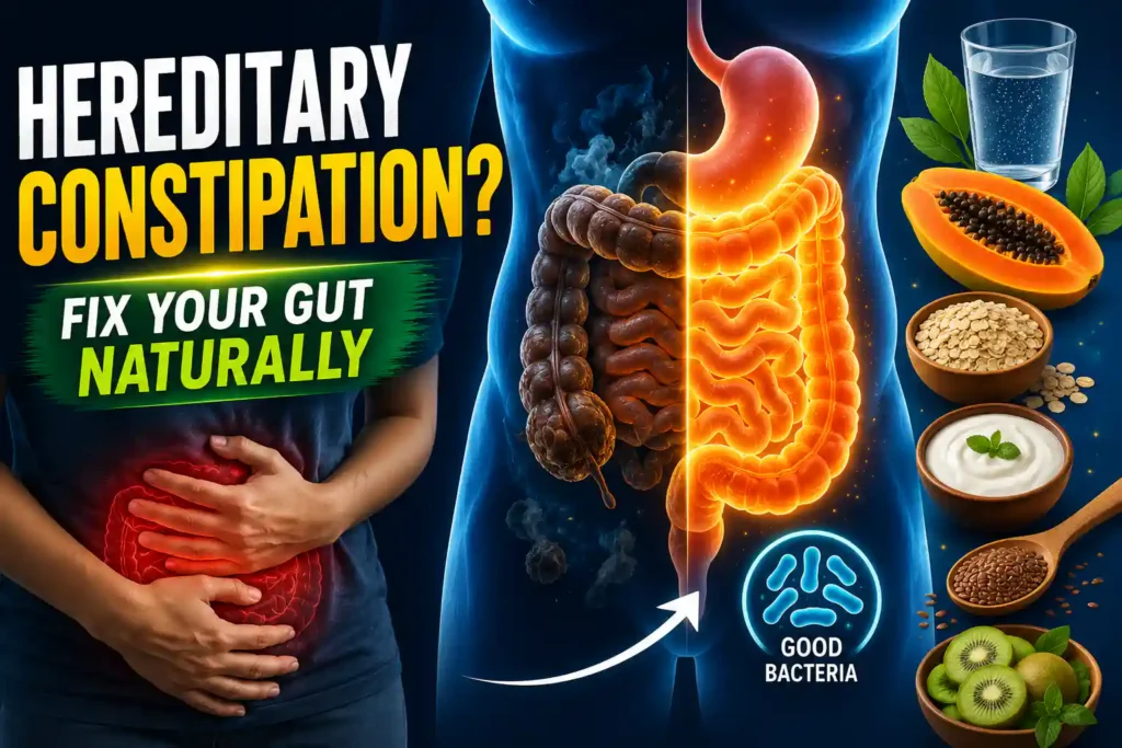 Illustration showing a healthy and unhealthy digestive system with glowing intestines, constipation symptoms, probiotics, water, papaya, oats, and fibre-rich foods for natural gut health improvement.