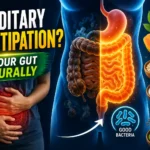 Illustration showing a healthy and unhealthy digestive system with glowing intestines, constipation symptoms, probiotics, water, papaya, oats, and fibre-rich foods for natural gut health improvement.