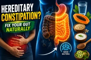 Illustration showing a healthy and unhealthy digestive system with glowing intestines, constipation symptoms, probiotics, water, papaya, oats, and fibre-rich foods for natural gut health improvement.