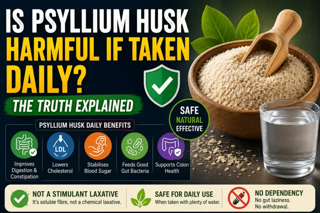 Bowl of psyllium husk (Isabgol) with water and health benefit icons illustrating daily use, digestive health, constipation relief, gut bacteria support, and long-term safety.