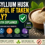 Bowl of psyllium husk (Isabgol) with water and health benefit icons illustrating daily use, digestive health, constipation relief, gut bacteria support, and long-term safety.