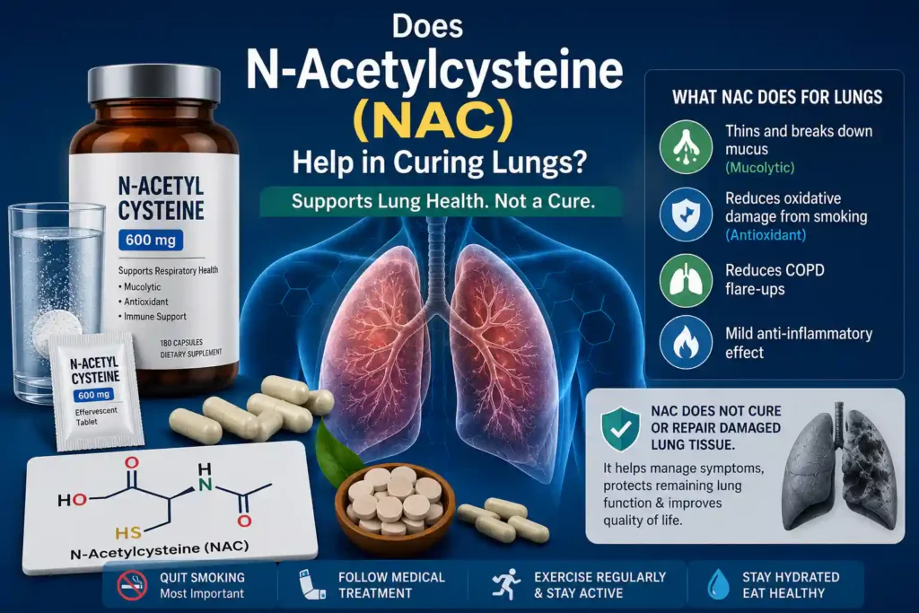 Medical illustration showing N-Acetylcysteine (NAC) supplements, healthy lungs, capsules, and NAC chemical structure used to explain its role in COPD, mucus clearance, and lung health.