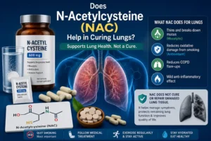 Medical illustration showing N-Acetylcysteine (NAC) supplements, healthy lungs, capsules, and NAC chemical structure used to explain its role in COPD, mucus clearance, and lung health.