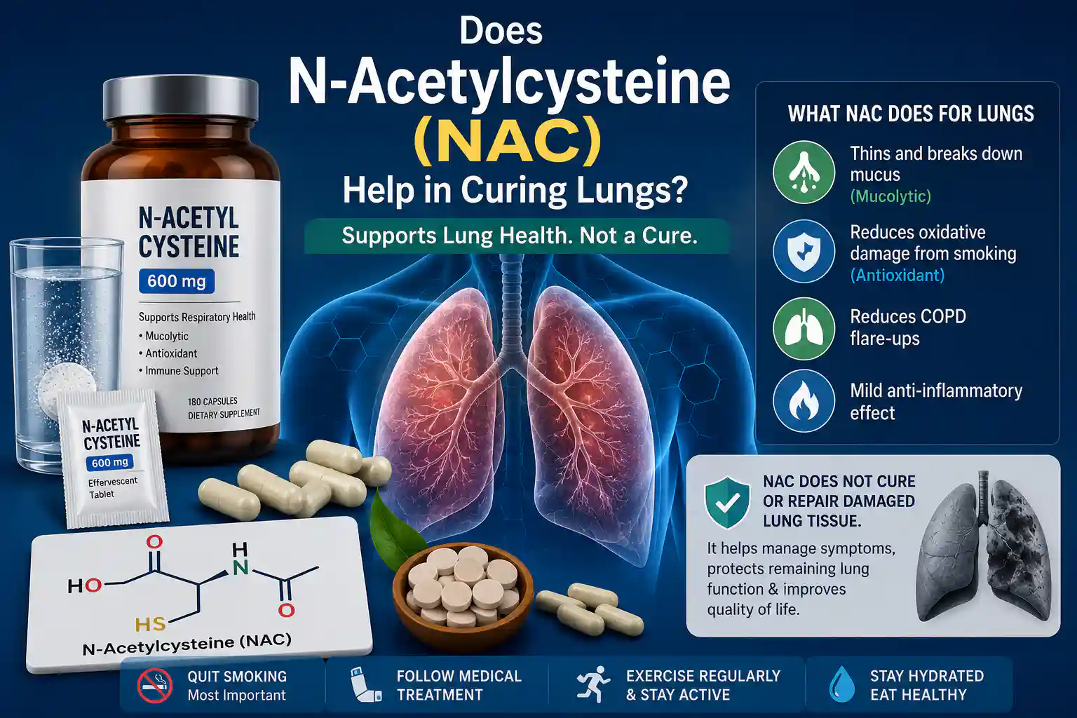 Medical illustration showing N-Acetylcysteine (NAC) supplements, healthy lungs, capsules, and NAC chemical structure used to explain its role in COPD, mucus clearance, and lung health.