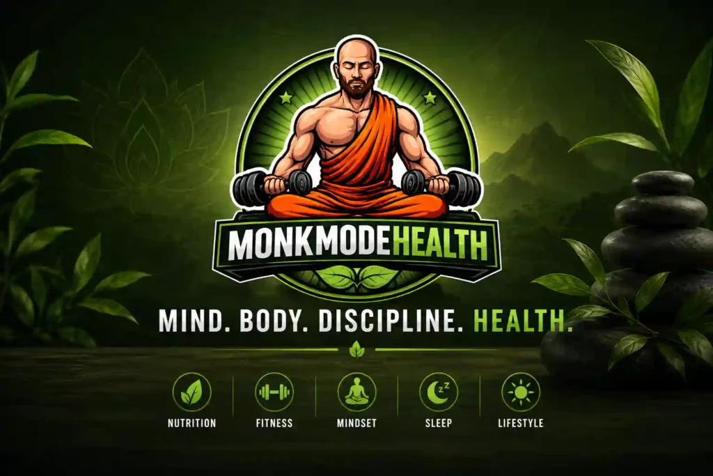 MonkModeHealth logo featuring a meditating monk with dumbbells