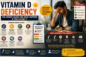 Vitamin D deficiency showing hidden causes, symptoms, diagnosis and long-term health complications