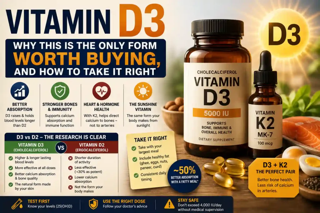 Vitamin D3 cholecalciferol supplement with D3 and K2, showing benefits, dosage, absorption and comparison with vitamin D2