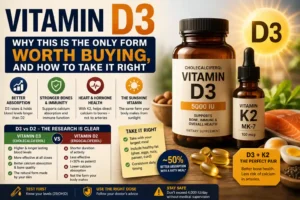 Vitamin D3 cholecalciferol supplement with D3 and K2, showing benefits, dosage, absorption and comparison with vitamin D2